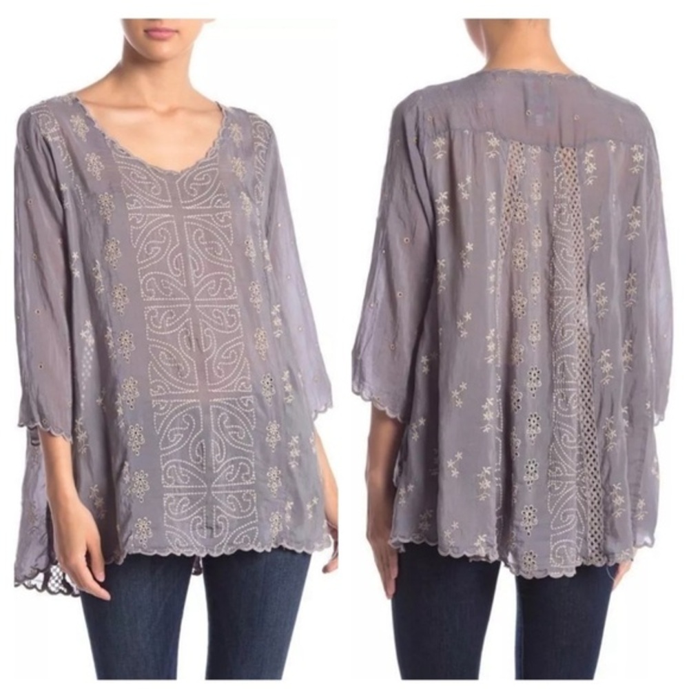 Johnny Was Blouse Ridden Scallop Eyelet in Grey